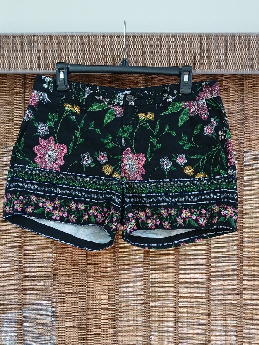 Old Navy Black Floral Embroidered Bermuda Shorts with Pink, Green & Gold Accents